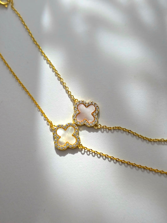 925 Sterling Silver Clover Bracelet 14K Gold Plated – White & Pink Iridescent Shell