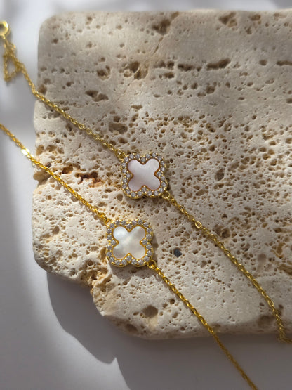 925 Sterling Silver Clover Bracelet 14K Gold Plated – White & Pink Iridescent Shell