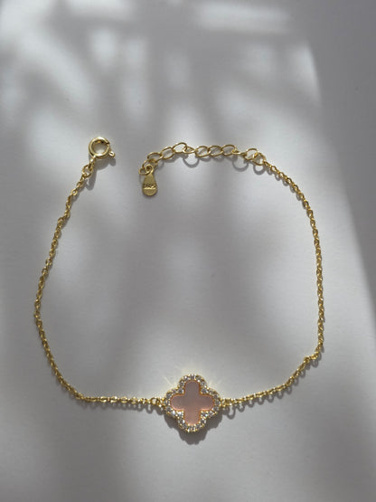925 Sterling Silver Clover Bracelet 14K Gold Plated – White & Pink Iridescent Shell