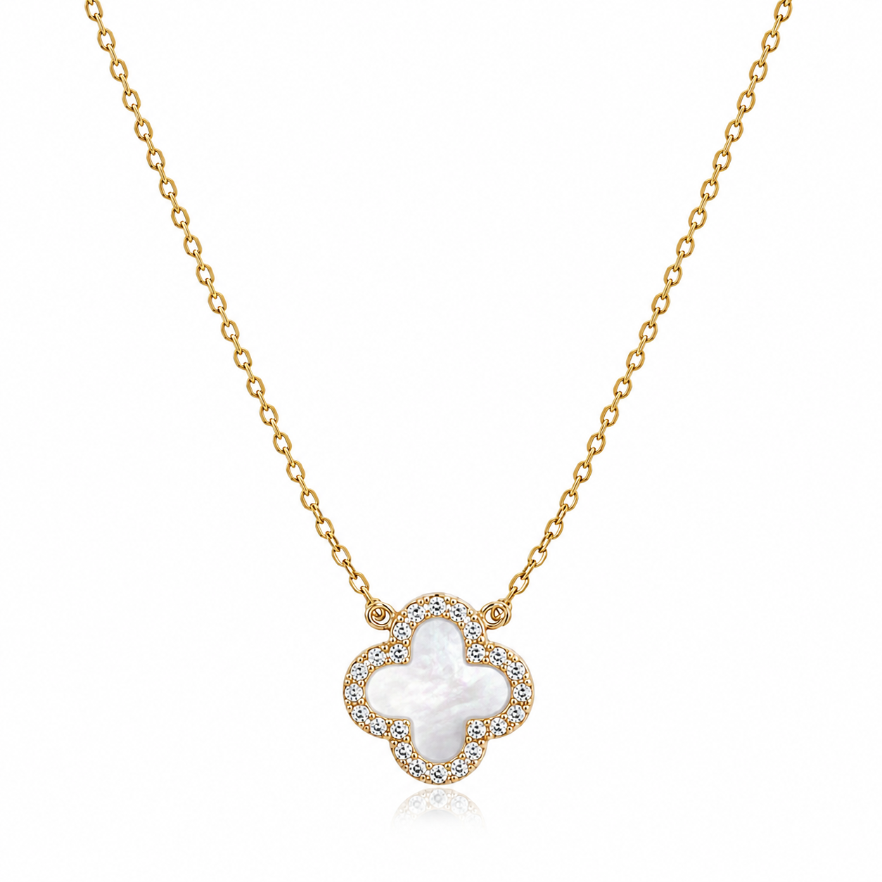 925 Sterling Silver White Clover Necklace - 14K Gold Plated