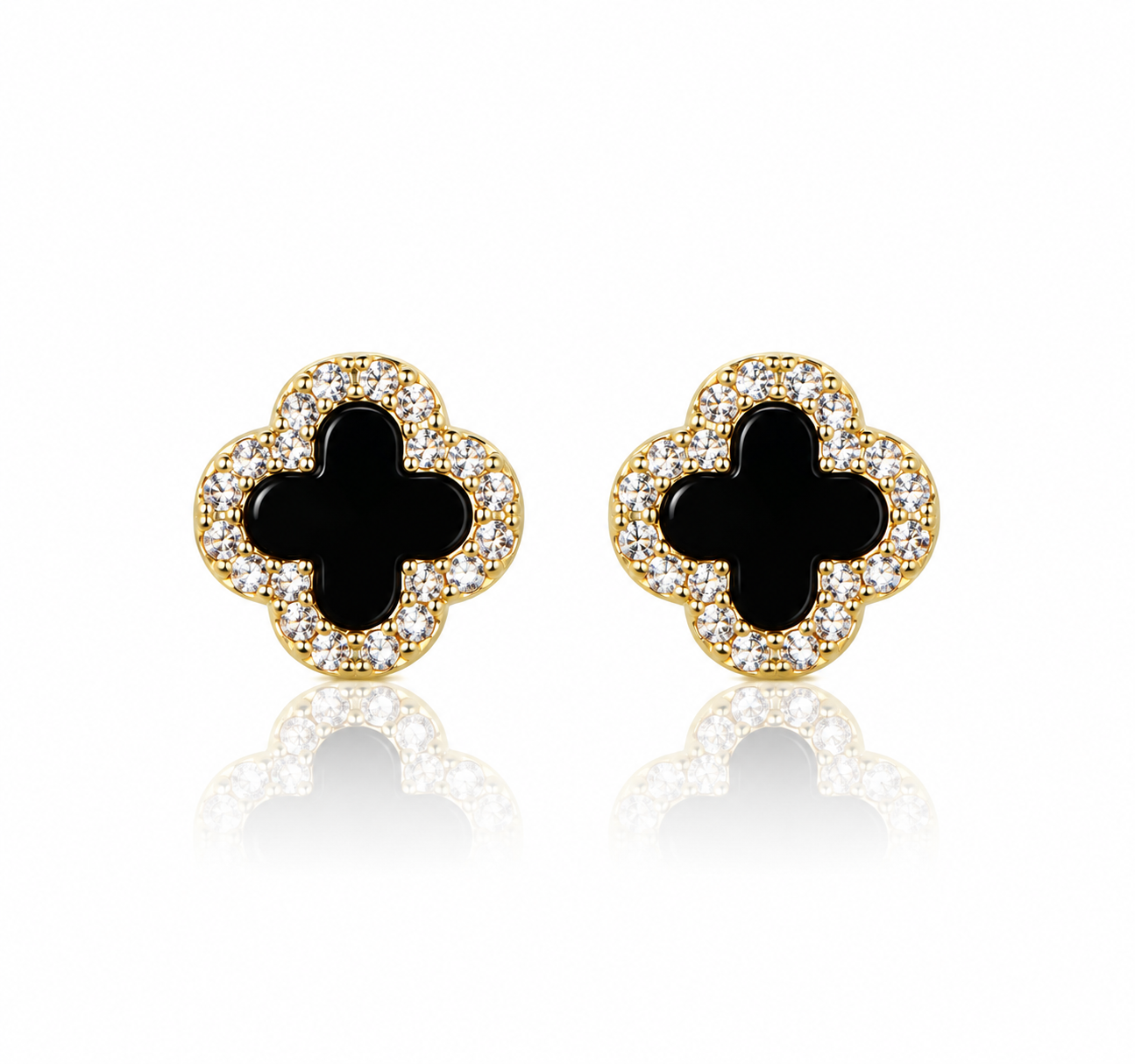 925 Sterling Silver Black Clover Stud Earrings – 14K Gold Plated