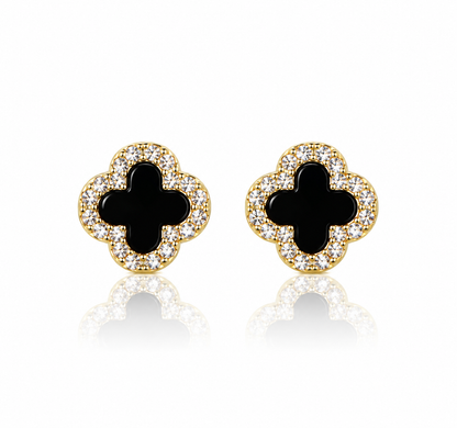 925 Sterling Silver Black Clover Stud Earrings – 14K Gold Plated