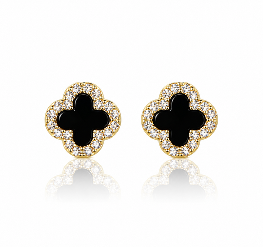 925 Sterling Silver Black Clover Stud Earrings – 14K Gold Plated