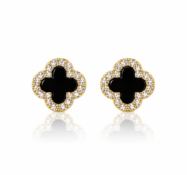 925 Sterling Silver Black Clover Stud Earrings – 14K Gold Plated