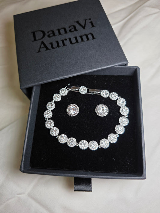 Bold Zircon Statement Bracelet & Earrings Set – Silver Plated