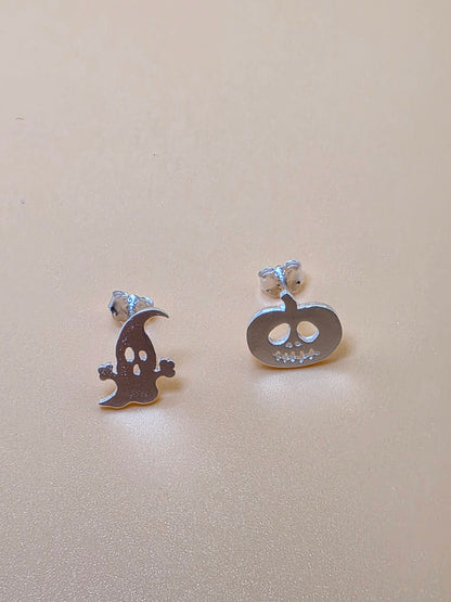 Sterling Silver Halloween Stud Earrings – Ghost & Pumpkin Duo