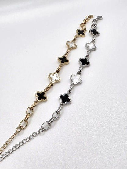 Black & White Clover Bracelet – Gold / Silver