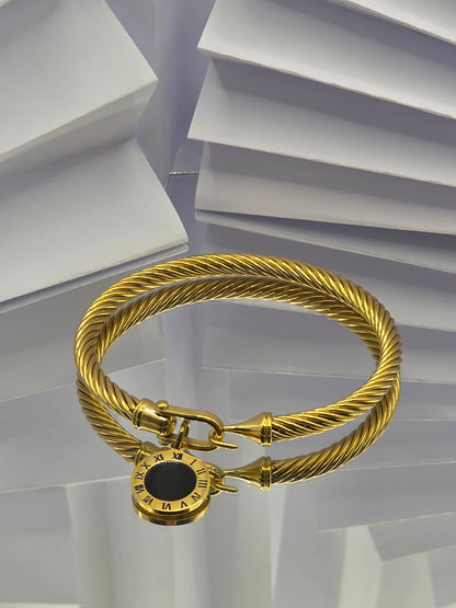 Timeless Cable Bangle – Roman Numeral Charm | Gold Plated
