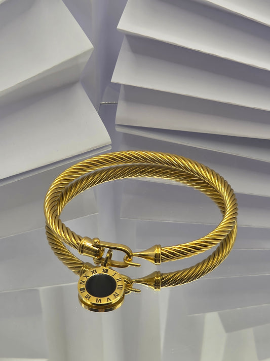 Timeless Cable Bangle – Roman Numeral Charm | Gold Plated