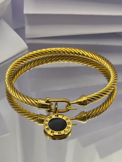 Timeless Cable Bangle – Roman Numeral Charm | Gold Plated