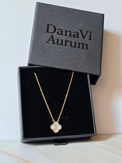 925 Sterling Silver White Clover Necklace - 14K Gold Plated