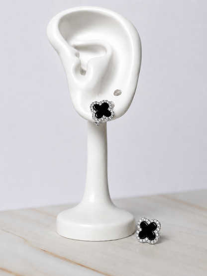 925 Sterling Silver Black Clover Stud Earrings