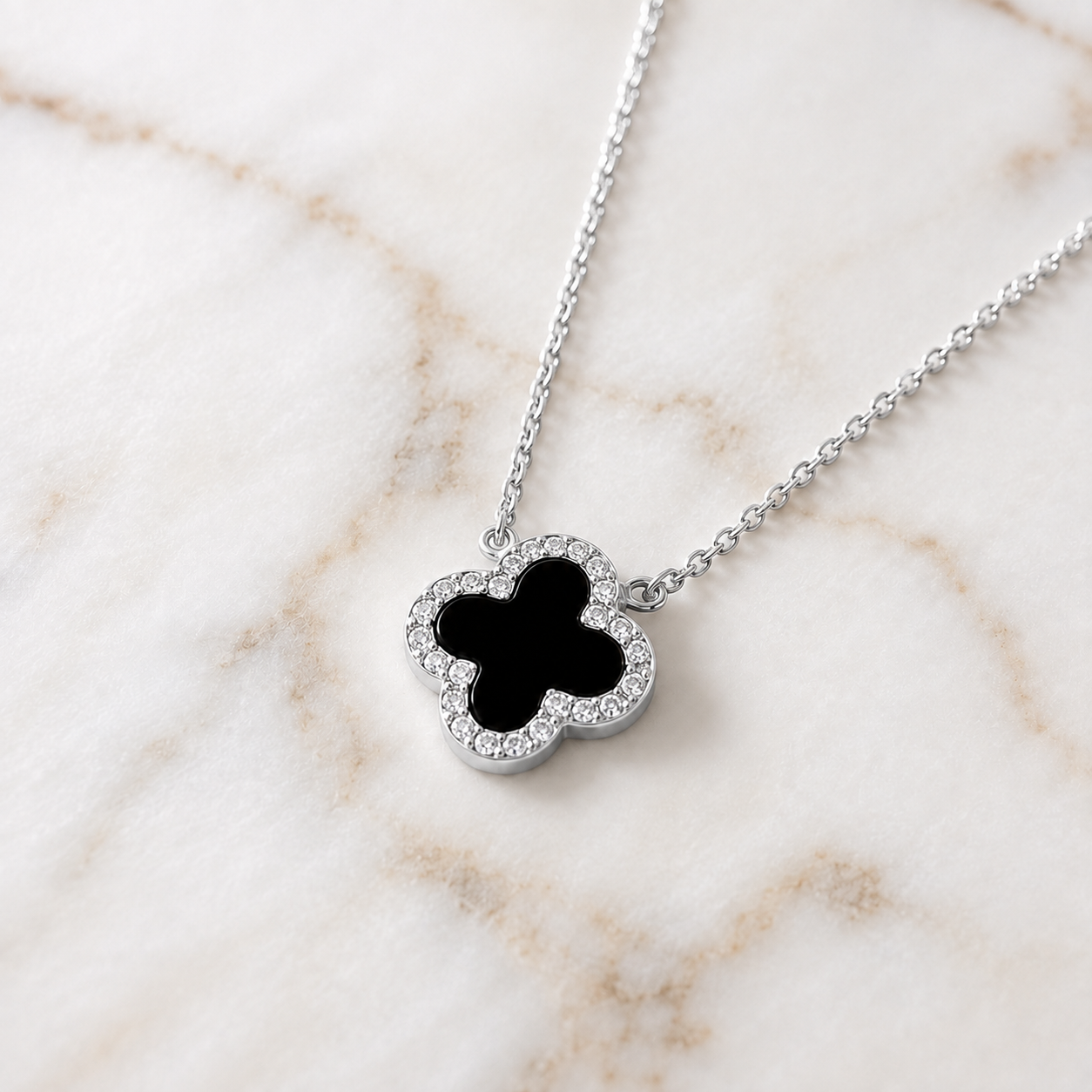 925 Sterling Silver Black Clover Necklace
