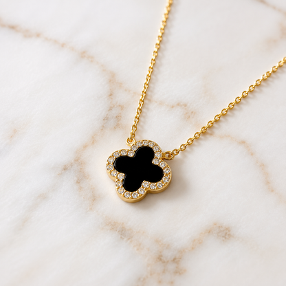 925 Sterling Silver Black Clover Necklace – 14K Gold Plated