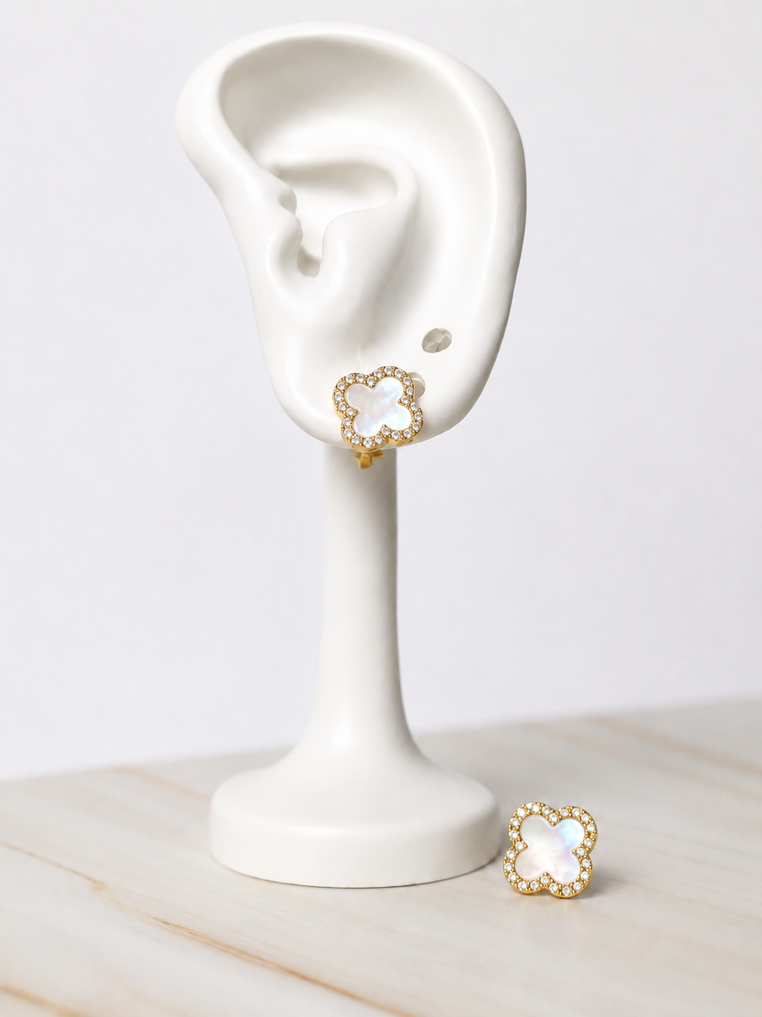 925 Sterling Silver White Clover Stud Earrings – 14K Gold Plated