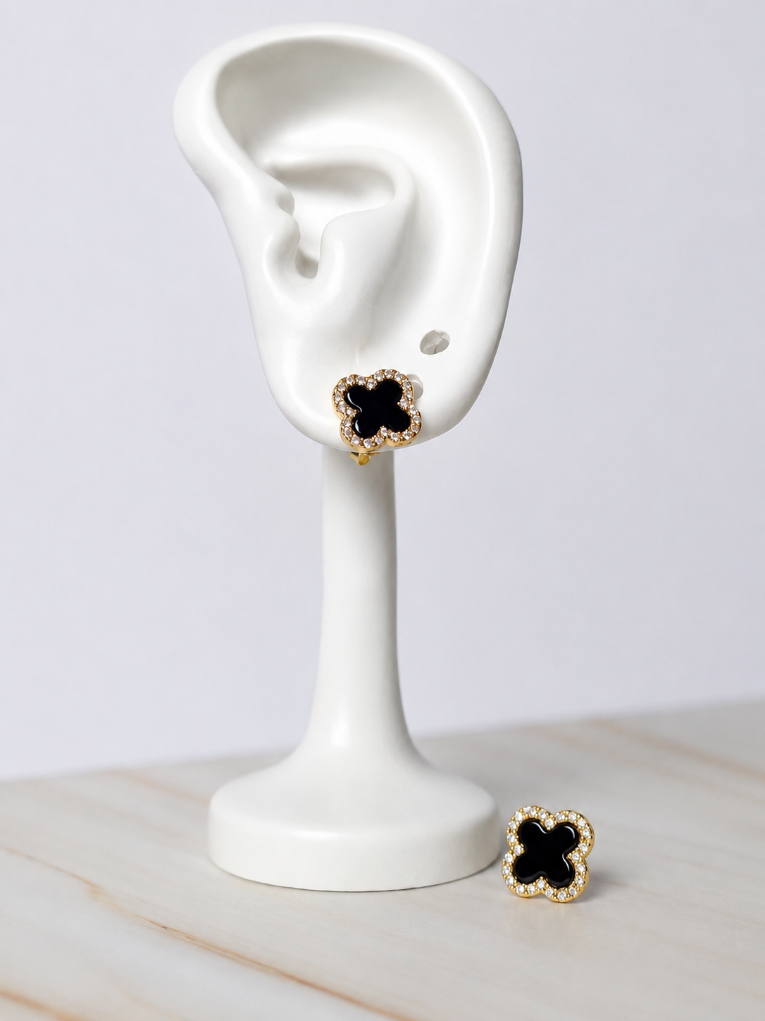 925 Sterling Silver Black Clover Stud Earrings – 14K Gold Plated