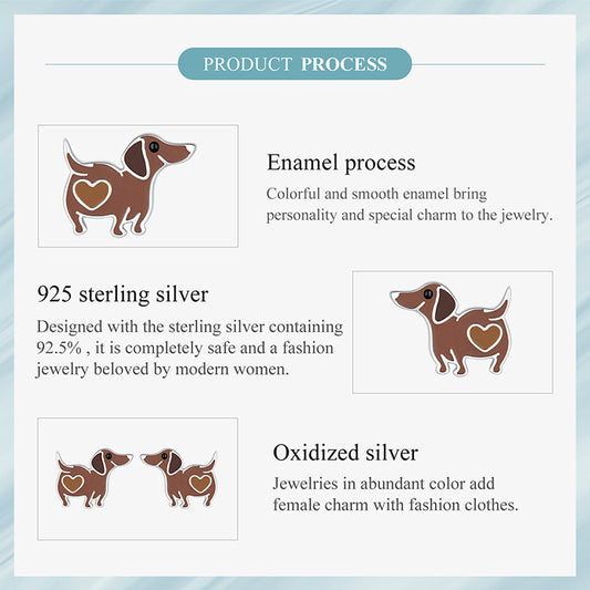 Cute Dachshund Stud Earrings – 925 Sterling Silver with Enamel & Heart Detail