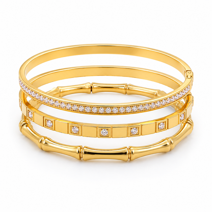 3 Bangles Set 18K Gold-Plated Stainless Steel, 16–17cm wrist