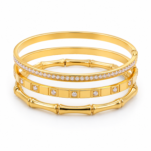 3 Bangles Set 18K Gold-Plated Stainless Steel, 16–17cm wrist