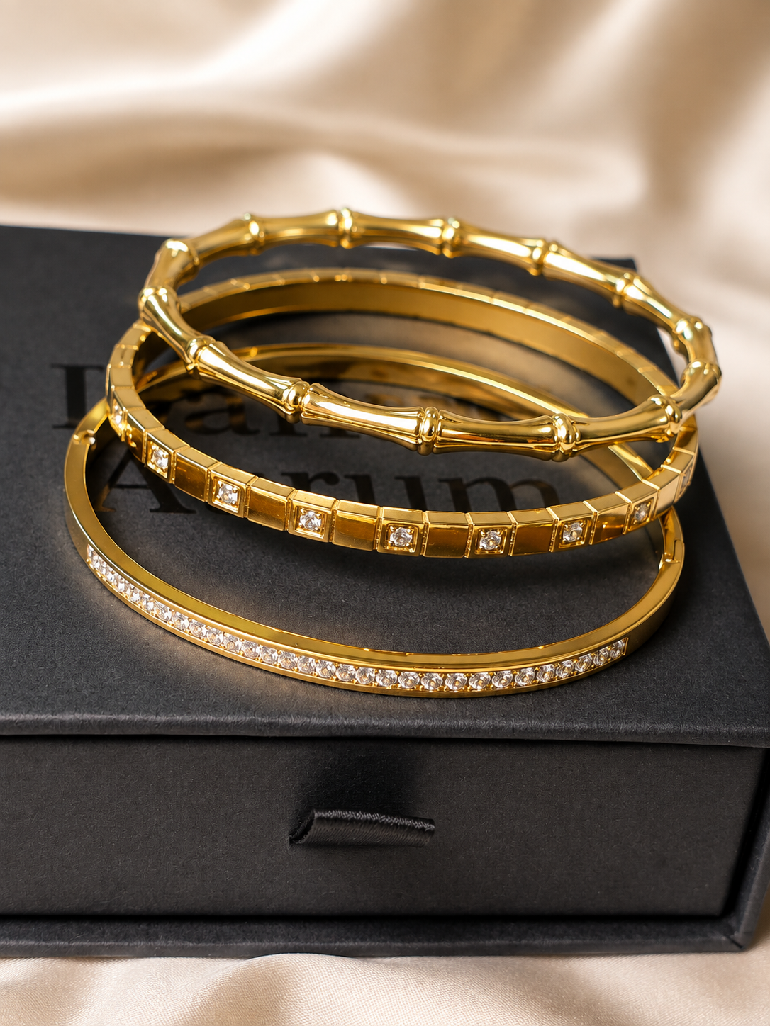 3 Bangles Set 18K Gold-Plated Stainless Steel, 16–17cm wrist