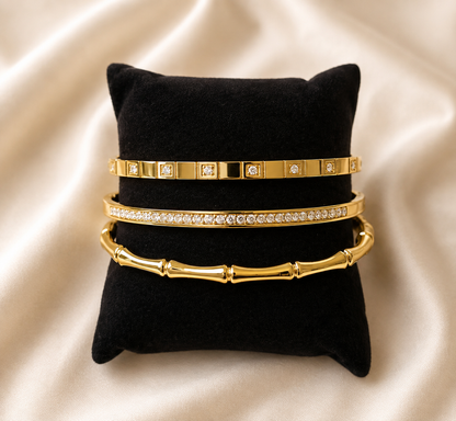 3 Bangles Set 18K Gold-Plated Stainless Steel, 16–17cm wrist