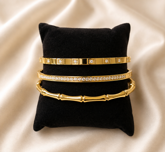 3 Bangles Set 18K Gold-Plated Stainless Steel, 16–17cm wrist