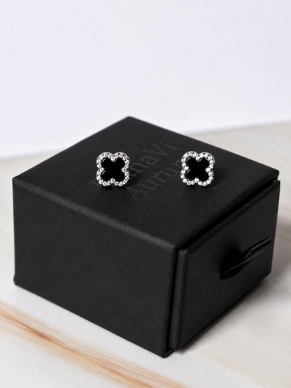 925 Sterling Silver Black Clover Stud Earrings