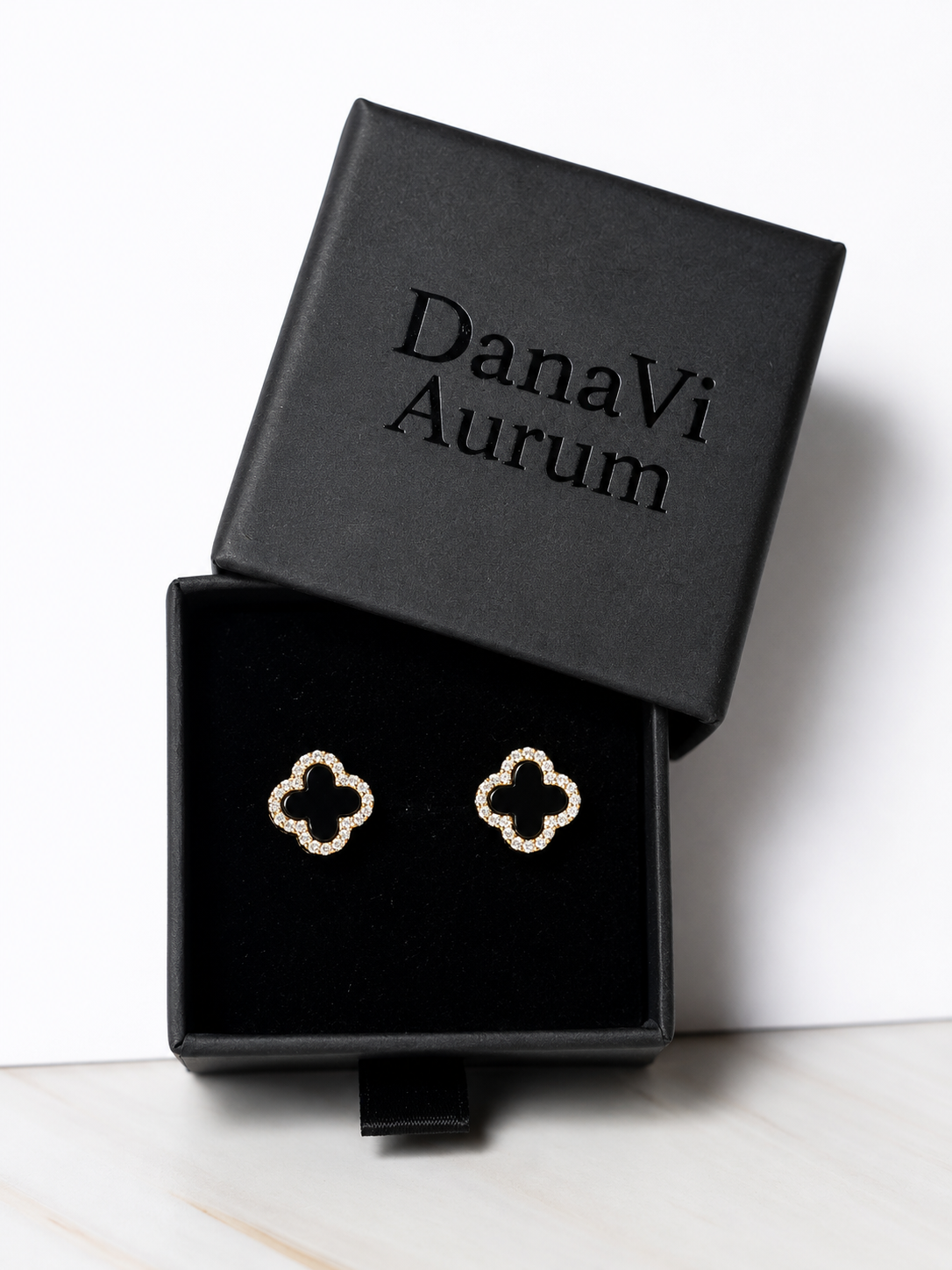 925 Sterling Silver Black Clover Stud Earrings – 14K Gold Plated