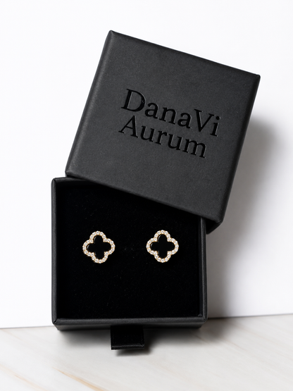 925 Sterling Silver Black Clover Stud Earrings – 14K Gold Plated