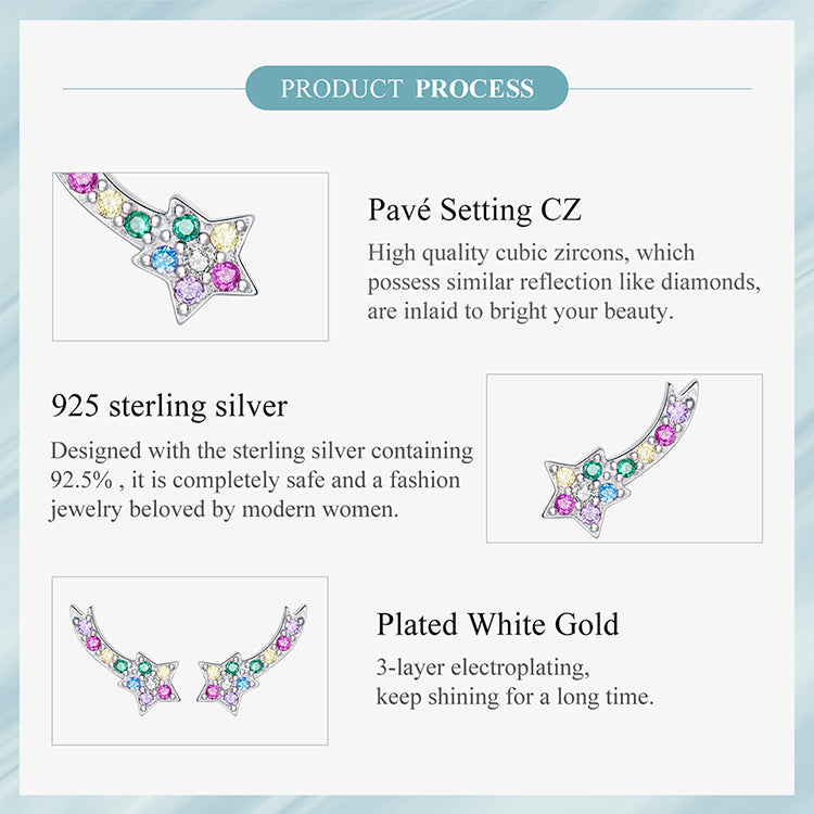 925 Sterling Silver Shooting Star Stud Earrings – Enamel Rainbow Gem Detail | Hypoallergenic Gift for Girls, Teens & Women