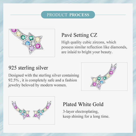 925 Sterling Silver Shooting Star Stud Earrings – Enamel Rainbow Gem Detail | Hypoallergenic Gift for Girls, Teens & Women
