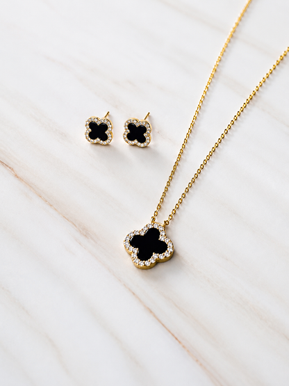 925 Sterling Silver Black Clover Necklace – 14K Gold Plated