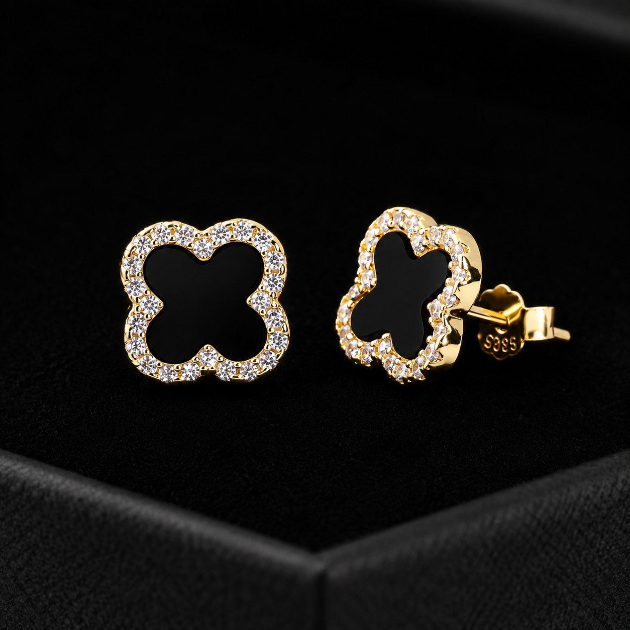 925 Sterling Silver Black Clover Stud Earrings – 14K Gold Plated