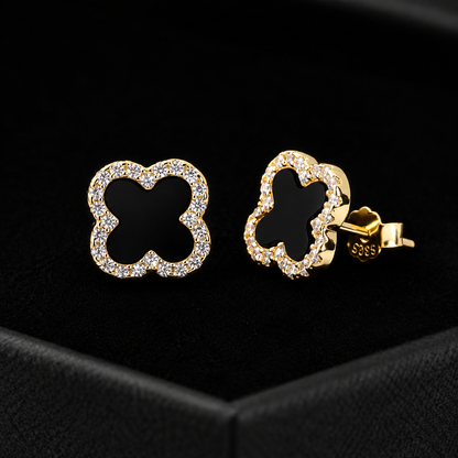 925 Sterling Silver Black Clover Stud Earrings – 14K Gold Plated