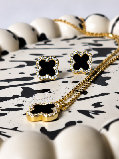 925 Sterling Silver Black Clover Stud Earrings – 14K Gold Plated