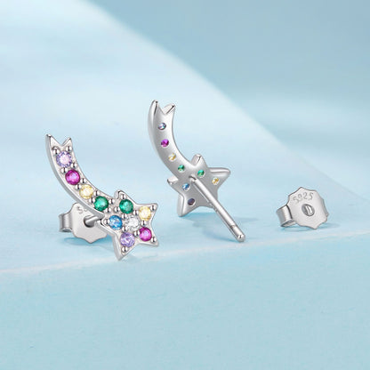 925 Sterling Silver Shooting Star Stud Earrings – Enamel Rainbow Gem Detail | Hypoallergenic Gift for Girls, Teens & Women