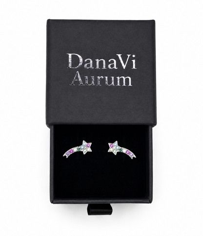 925 Sterling Silver Shooting Star Stud Earrings – Enamel Rainbow Gem Detail | Hypoallergenic Gift for Girls, Teens & Women
