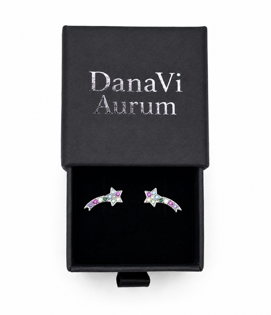 925 Sterling Silver Shooting Star Stud Earrings – Enamel Rainbow Gem Detail | Hypoallergenic Gift for Girls, Teens & Women