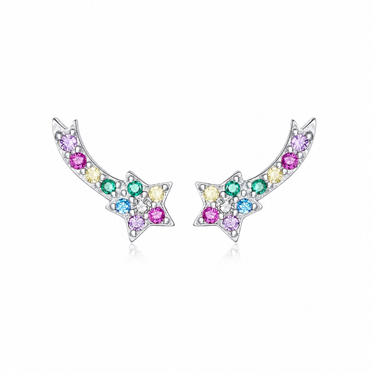 925 Sterling Silver Shooting Star Stud Earrings – Enamel Rainbow Gem Detail | Hypoallergenic Gift for Girls, Teens & Women