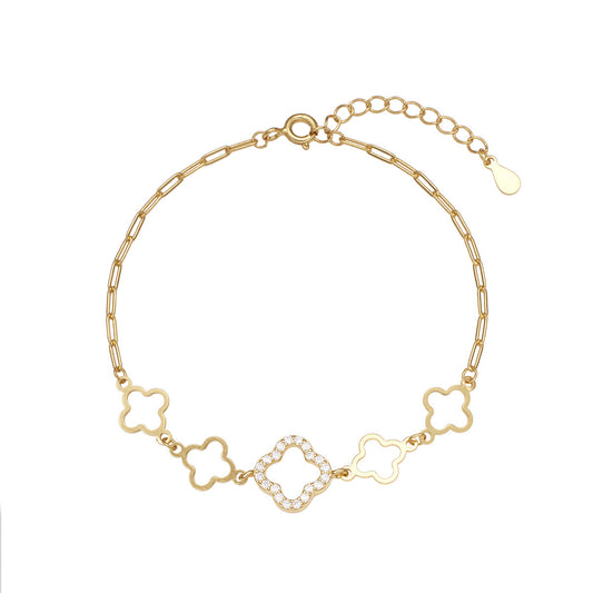 925 Sterling Silver Clover Link Bracelet – 14K Gold Plated