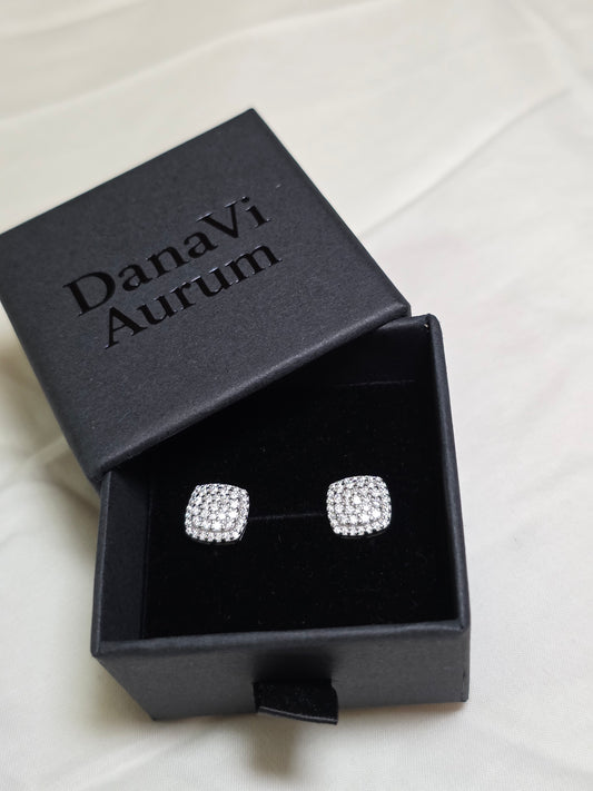 Silver earrings in a black 'Danavi Aurum' box on a white background