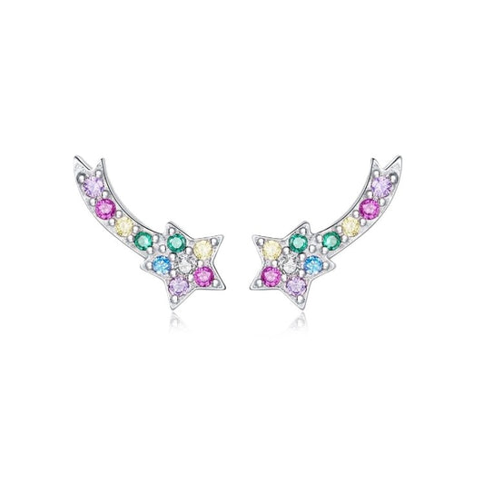 925 Sterling Silver Shooting Star Stud Earrings – Enamel Rainbow Gem Detail | Hypoallergenic Gift for Girls, Teens & Women