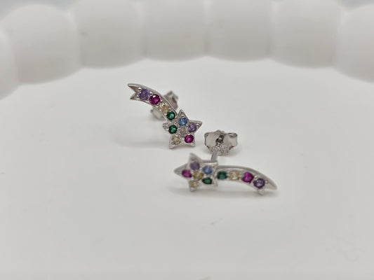 925 Sterling Silver Shooting Star Stud Earrings – Enamel Rainbow Gem Detail | Hypoallergenic Gift for Girls, Teens & Women
