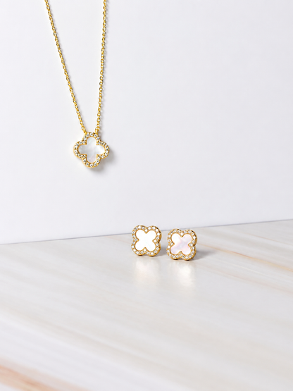925 Sterling Silver White Clover Necklace - 14K Gold Plated