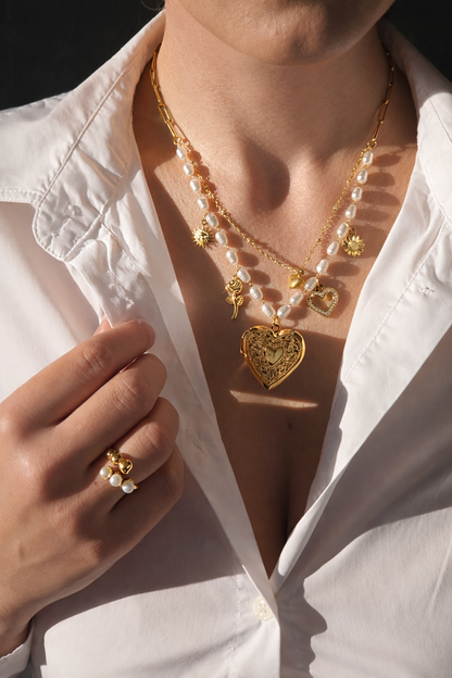 Aurum Charm Pearl Locket Necklace