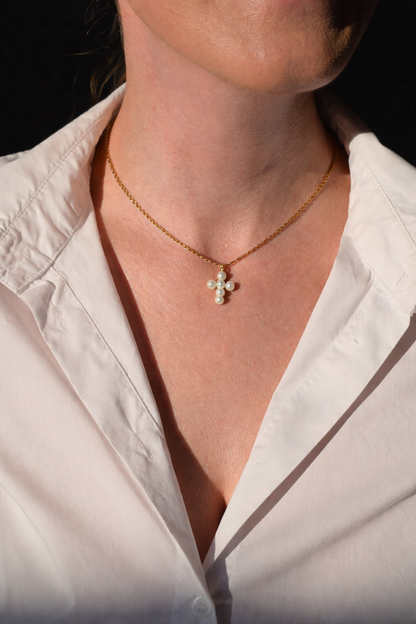 Aurum Pearl Cross Necklace