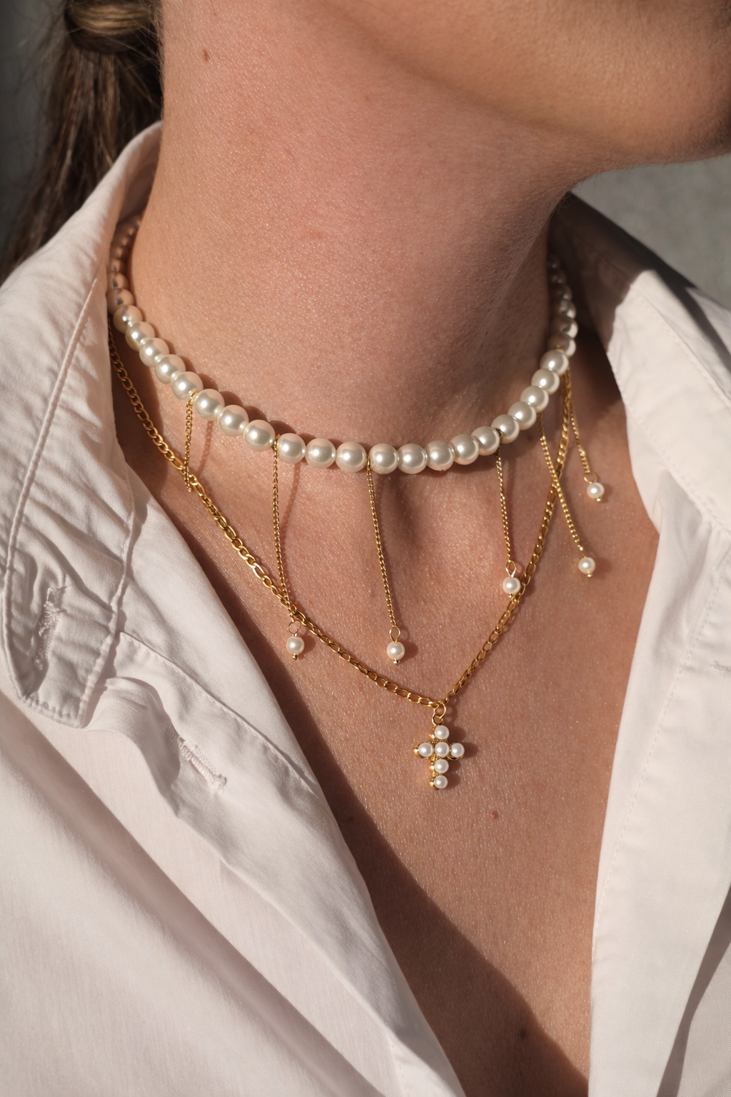 Aurum Pearl Cross Necklace
