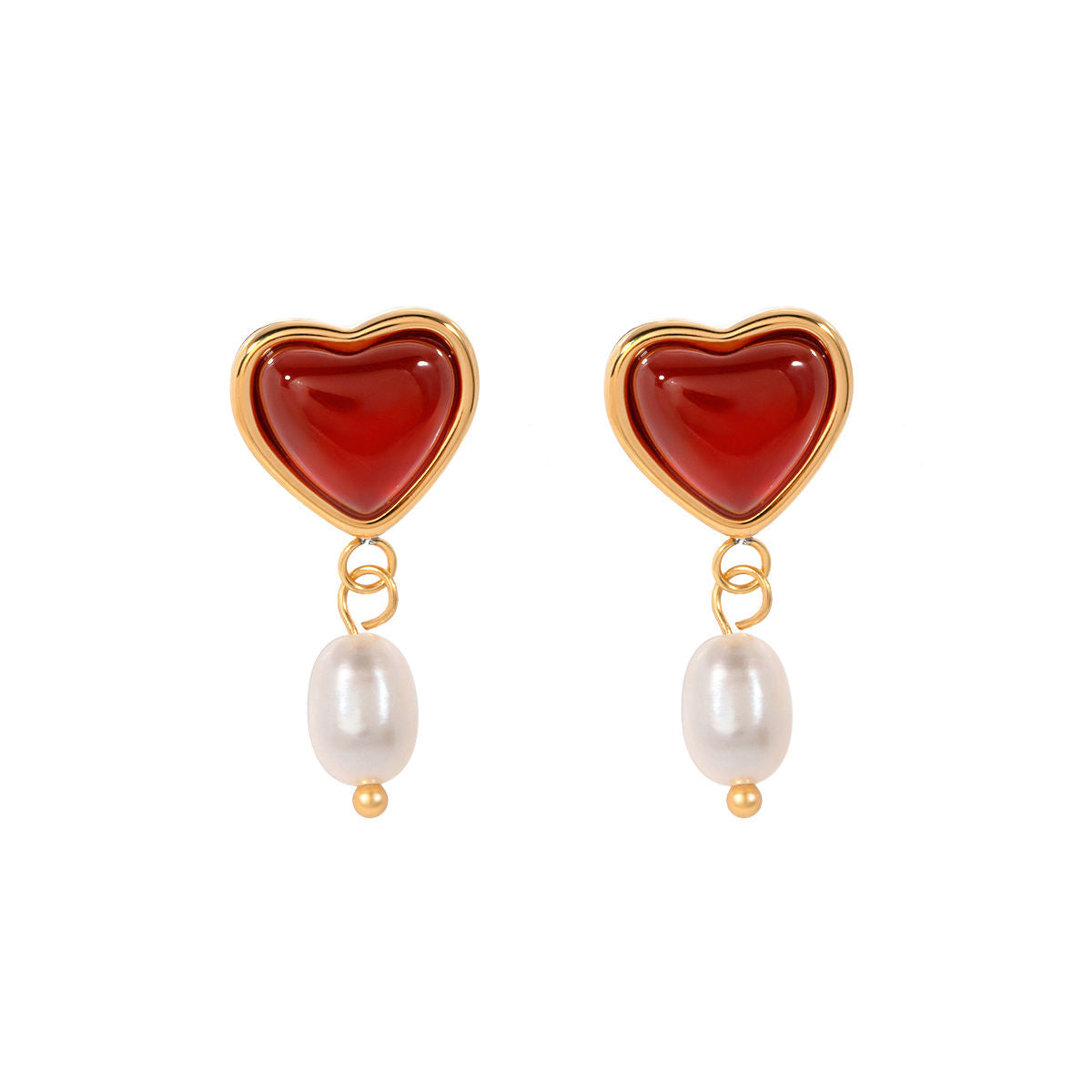 Aurum Pearl Red Heart Drop Earrings
