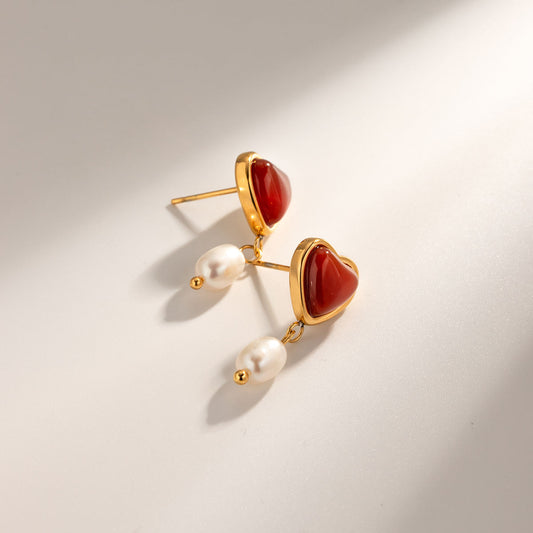 Aurum Pearl Red Heart Drop Earrings