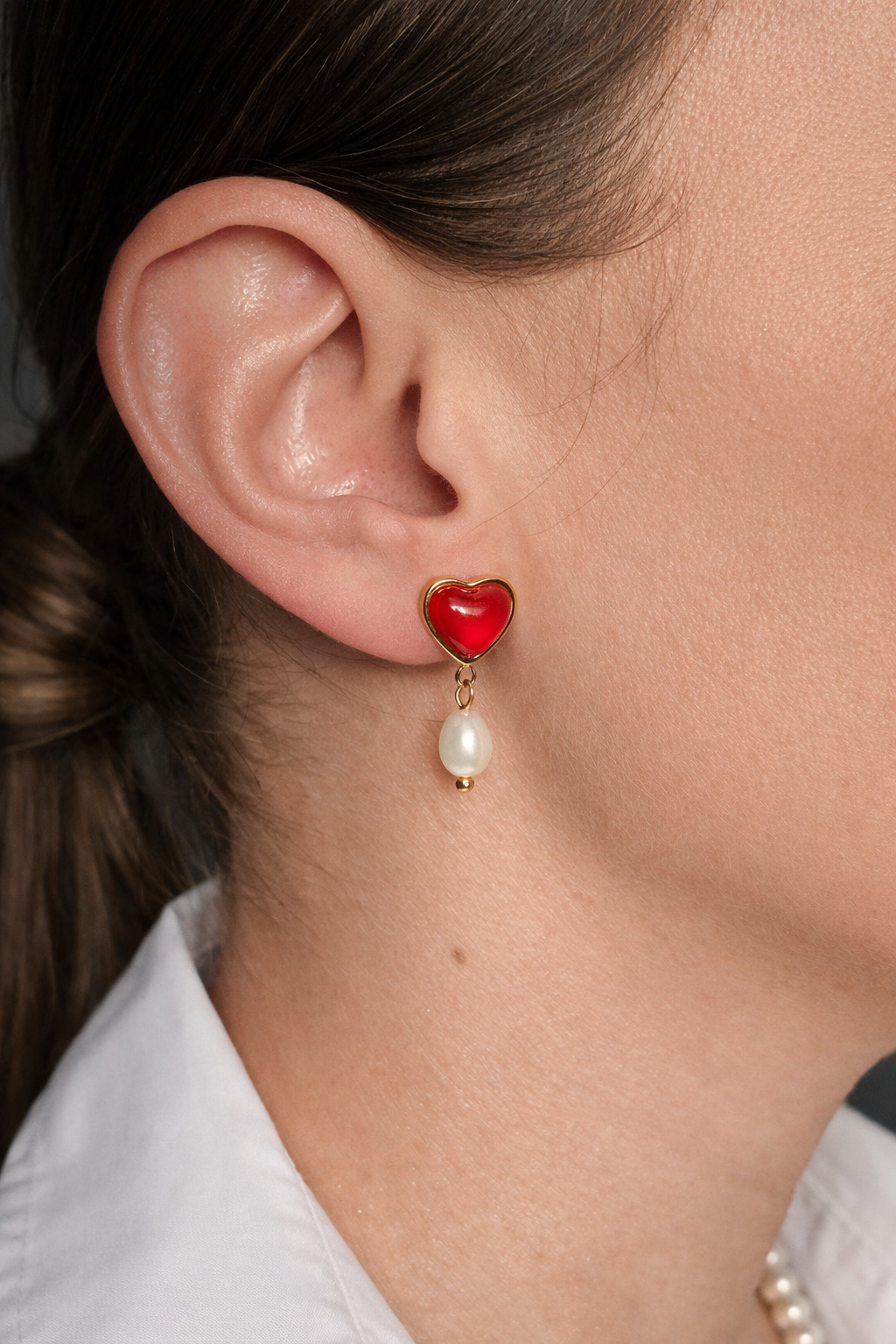 Aurum Pearl Red Heart Drop Earrings